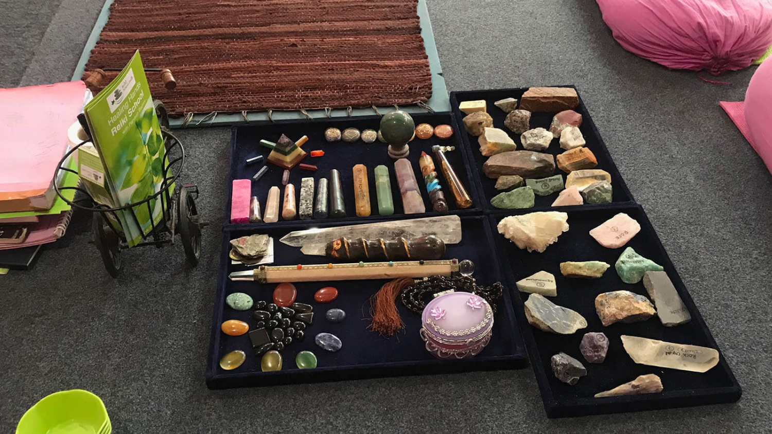 Healing crystals and Reiki energy tools used for crystal healing and Reiki training in Rishikesh, India.